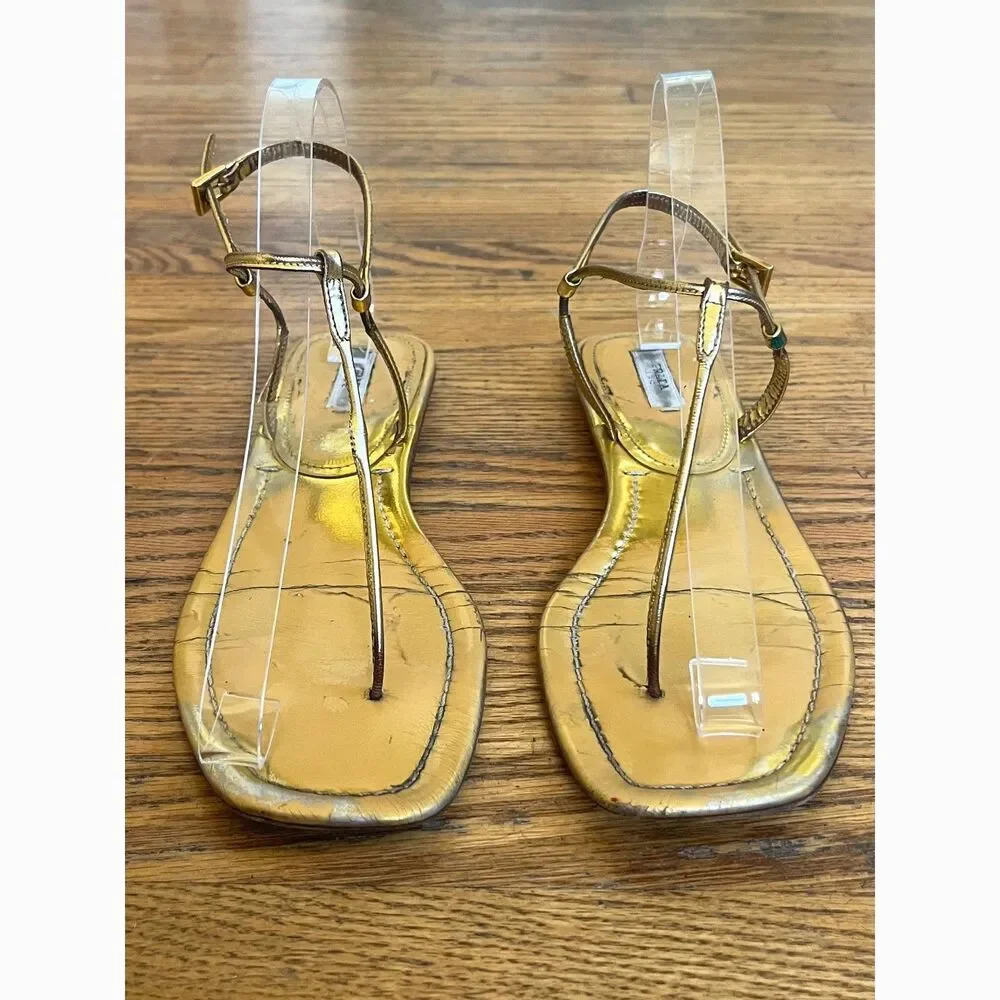 PRADA Milano Gold Strap Flat Sandals Shoes  Women's Size EU 38 US 7.5